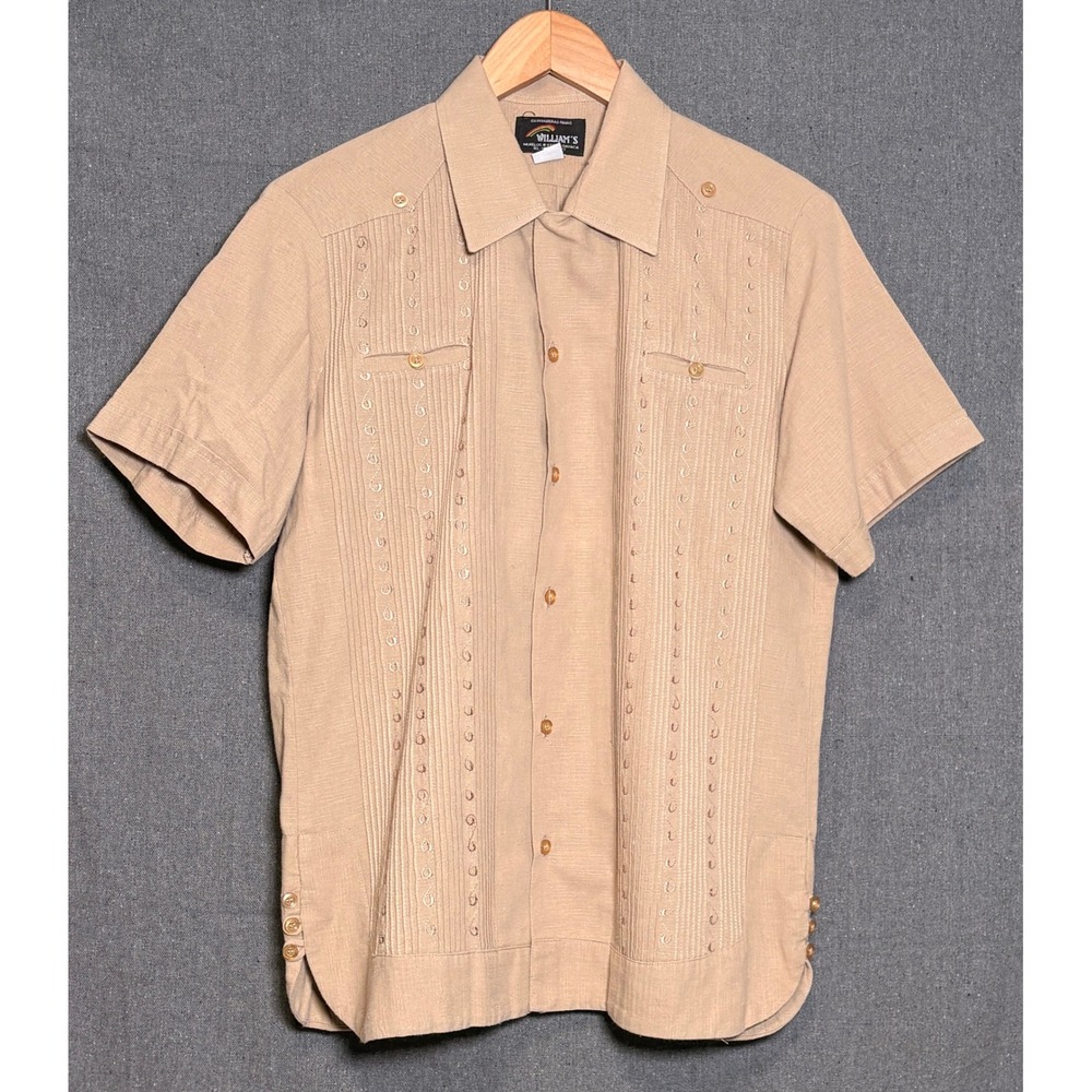 William's Guayabera Shirt Mens 38 Tan Beige Linen Short Sleeve Mexican Oaxaca